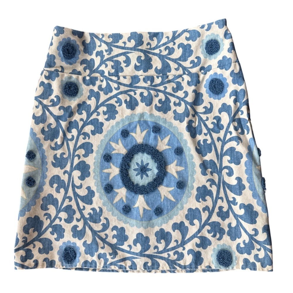 Sevier Skirts Medallion Print Chenille Embroidered Mini Skirt Womens Blue White